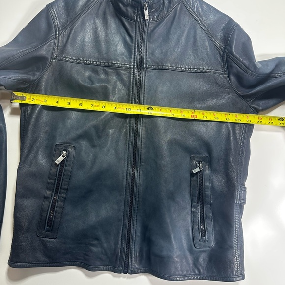 Massimo Dutti Genuine Leather Jacket Men’s L Navy Blue Euro Tailored Classic - Picture 15 of 16